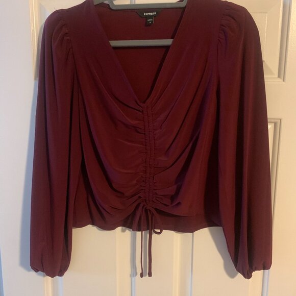 EXPRESS, RUCHED FRONT, DRAWSTRING, BLOUSE, MAROON, XS - Picture 3 of 3